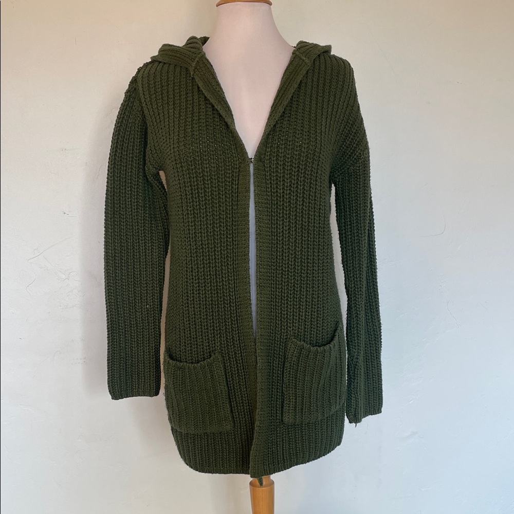 Vintage 525 America Hooded Cardigan Olive Green Ribbed Knit 100% Cotton  Sweater